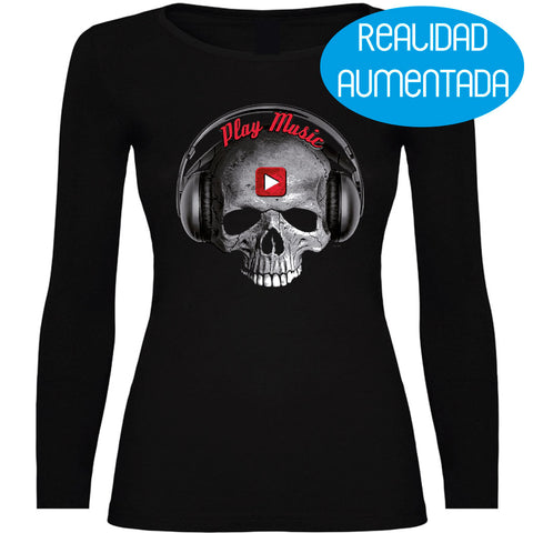 Camiseta mujer manga larga - Calavera Play Music Realidad Aumentada.