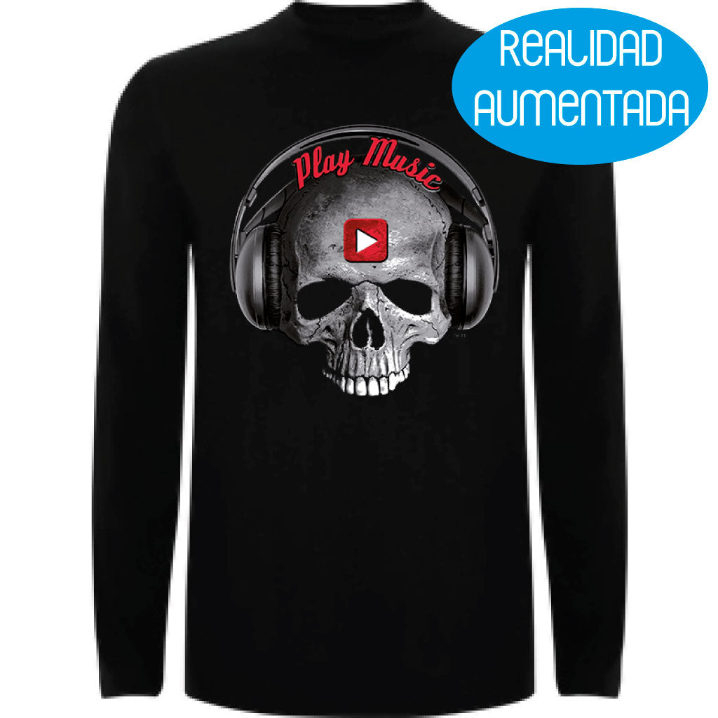 Camiseta hombre manga larga - Calavera Play Music Realidad Aumentada.