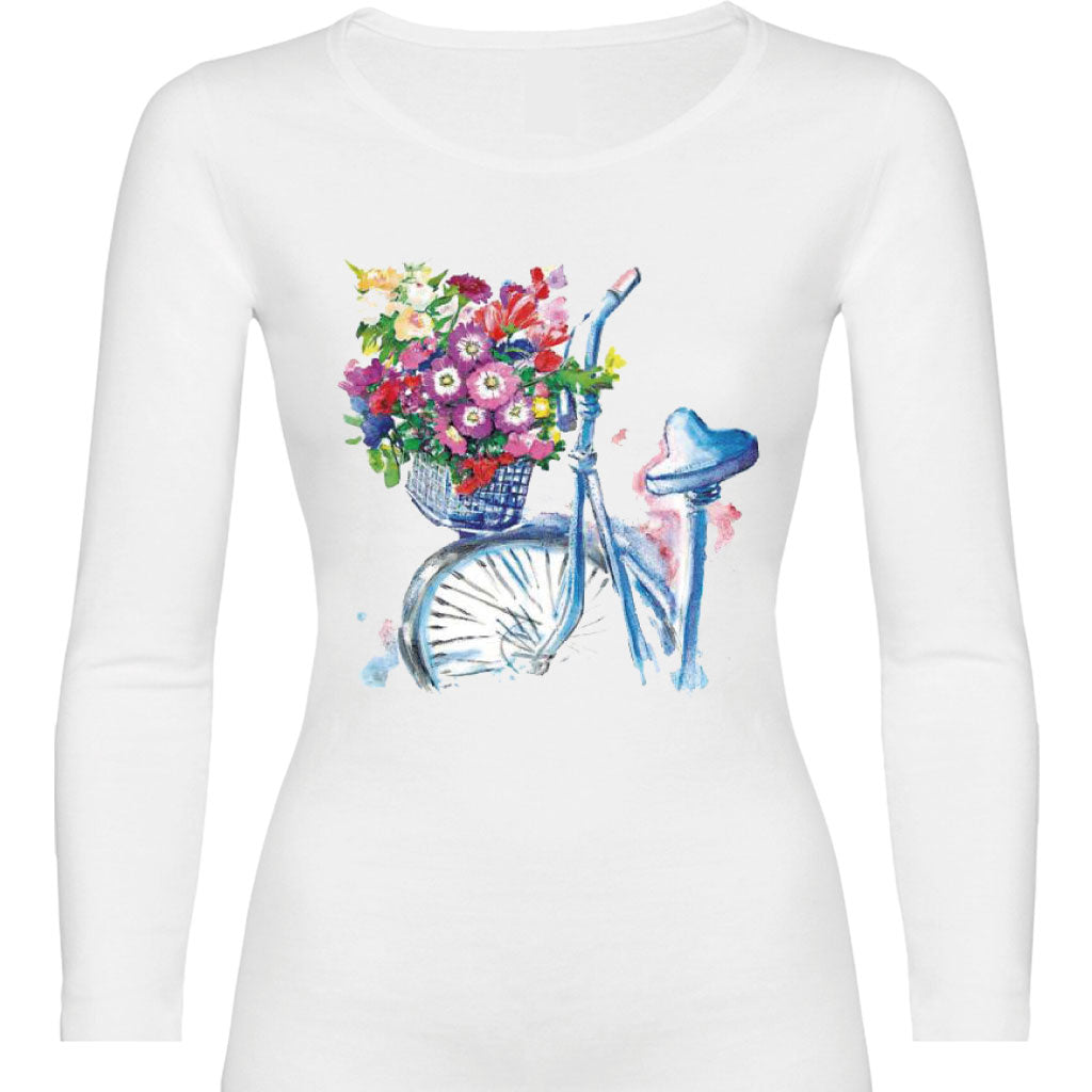 Camiseta mujer manga larga - Bicicleta con flores.