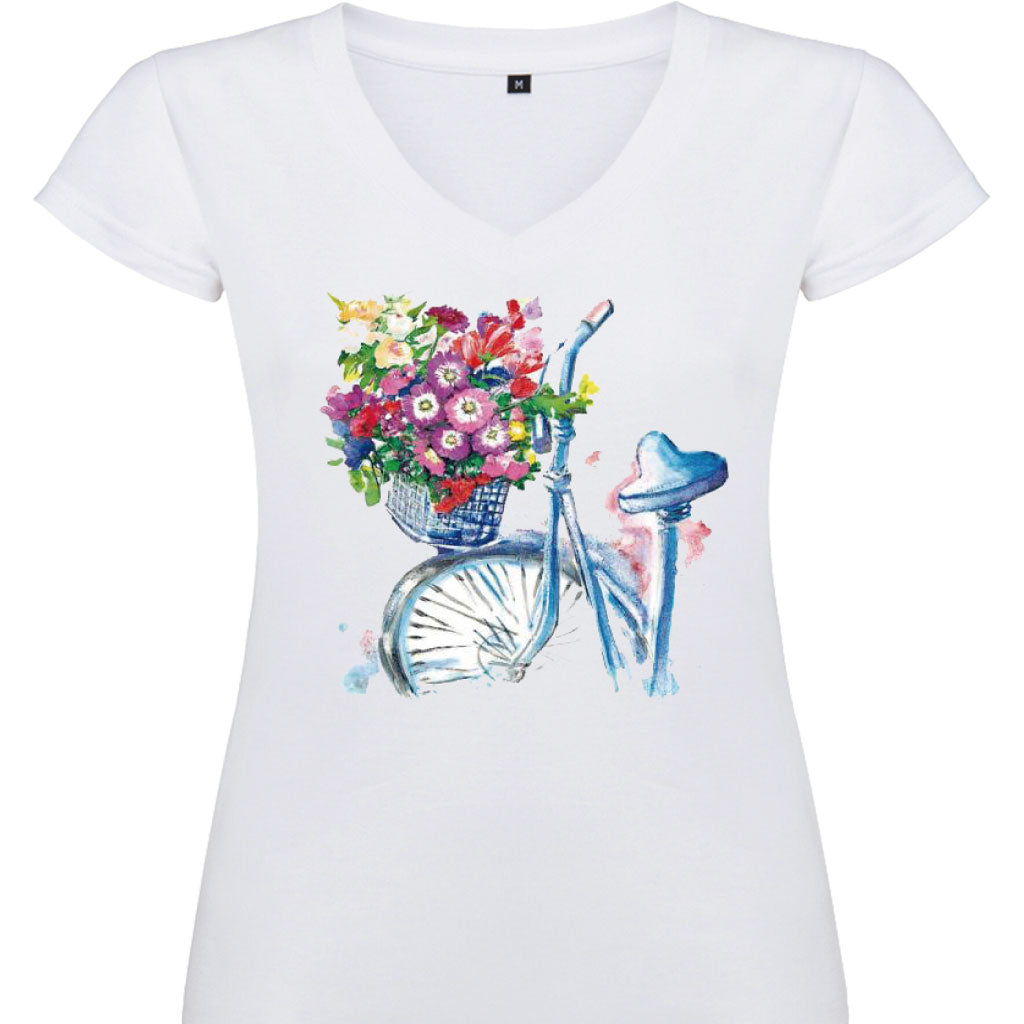 Camiseta mujer cuello pico - Bicicleta con flores.