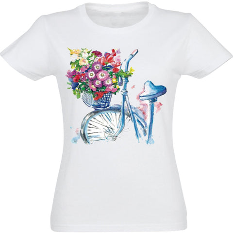 Camiseta mujer cuello redondo - Bicicleta con flores.