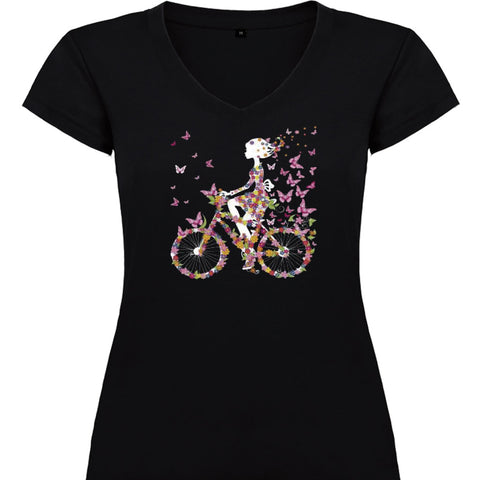 Camiseta mujer cuello pico - Bicicleta mariposas.