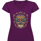Camiseta mujer cuello pico - Calavera flores.