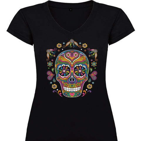 Camiseta mujer cuello pico - Calavera flores.