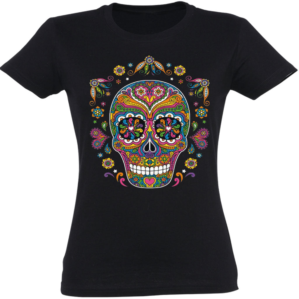 Camiseta mujer cuello redondo - Calavera flores.