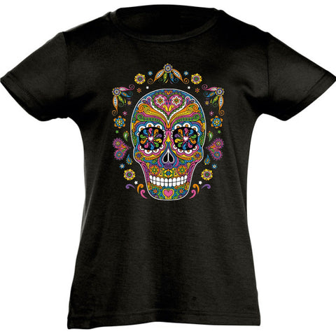 Camiseta manga corta niña - Calavera flores.