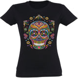 Camiseta mujer cuello redondo - Calavera flores.