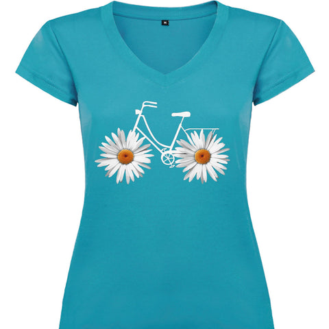 Camiseta mujer cuello pico - Bicicleta margaritas.