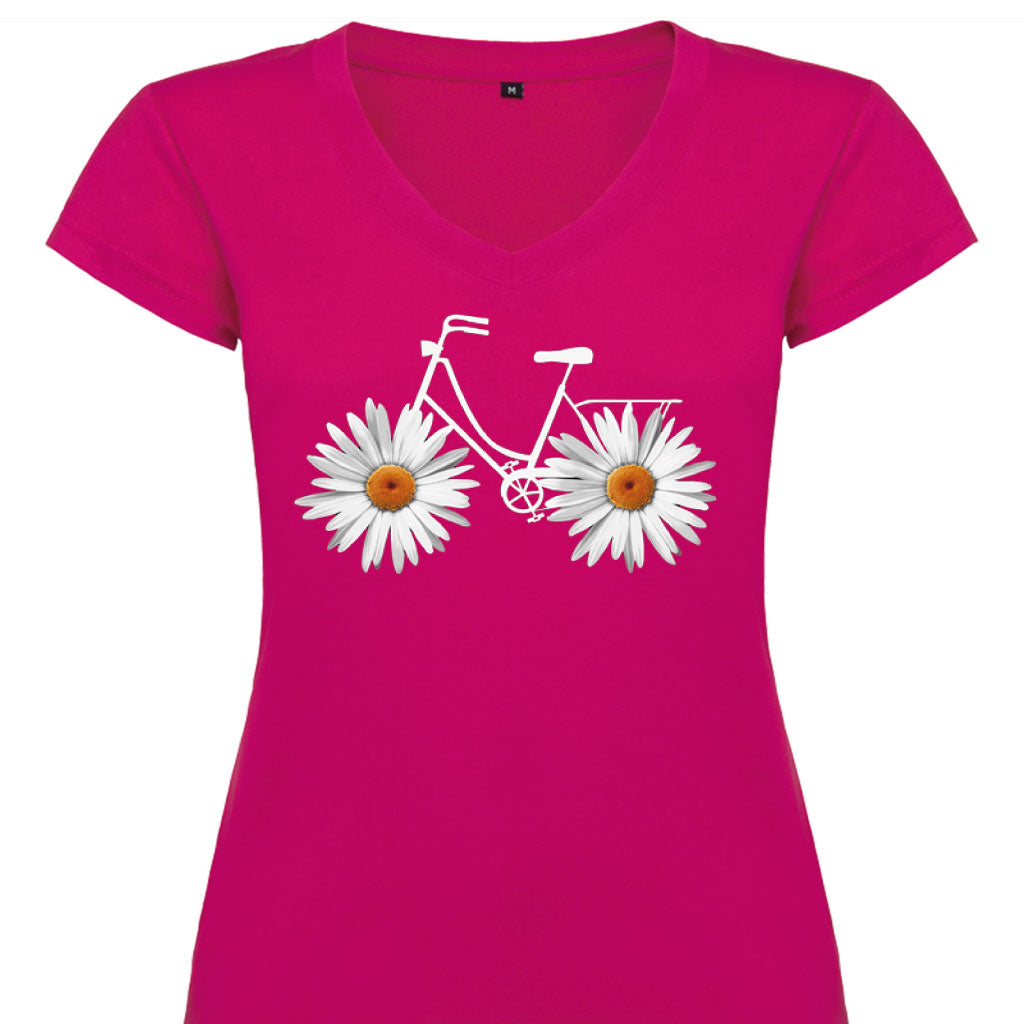 Camiseta mujer cuello pico - Bicicleta margaritas.