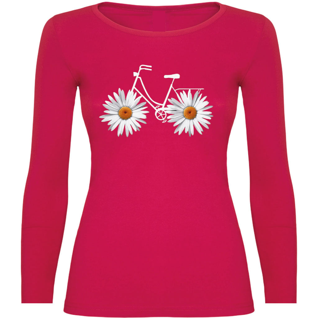 Camiseta mujer manga larga - Bicicleta margaritas.
