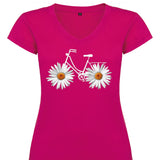 Camiseta mujer cuello pico - Bicicleta margaritas.