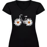 Camiseta mujer cuello pico - Bicicleta margaritas.