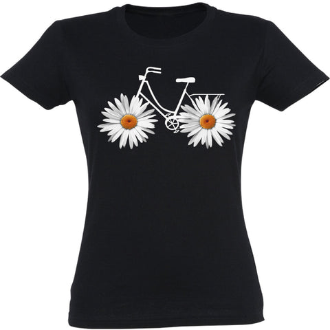 Camiseta mujer cuello redondo - Bicicleta margaritas.