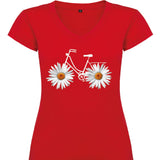 Camiseta mujer cuello pico - Bicicleta margaritas.