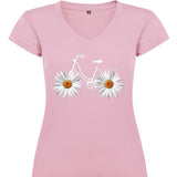 Camiseta mujer cuello pico - Bicicleta margaritas.