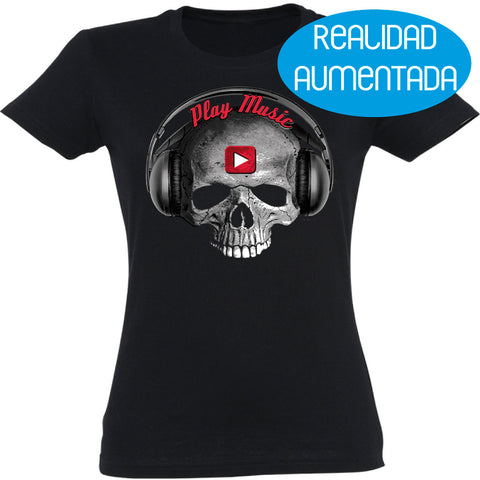 Camiseta mujer cuello redondo - Calavera Play Music Realidad Aumentada.