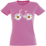 Camiseta mujer cuello redondo - Bicicleta margaritas.