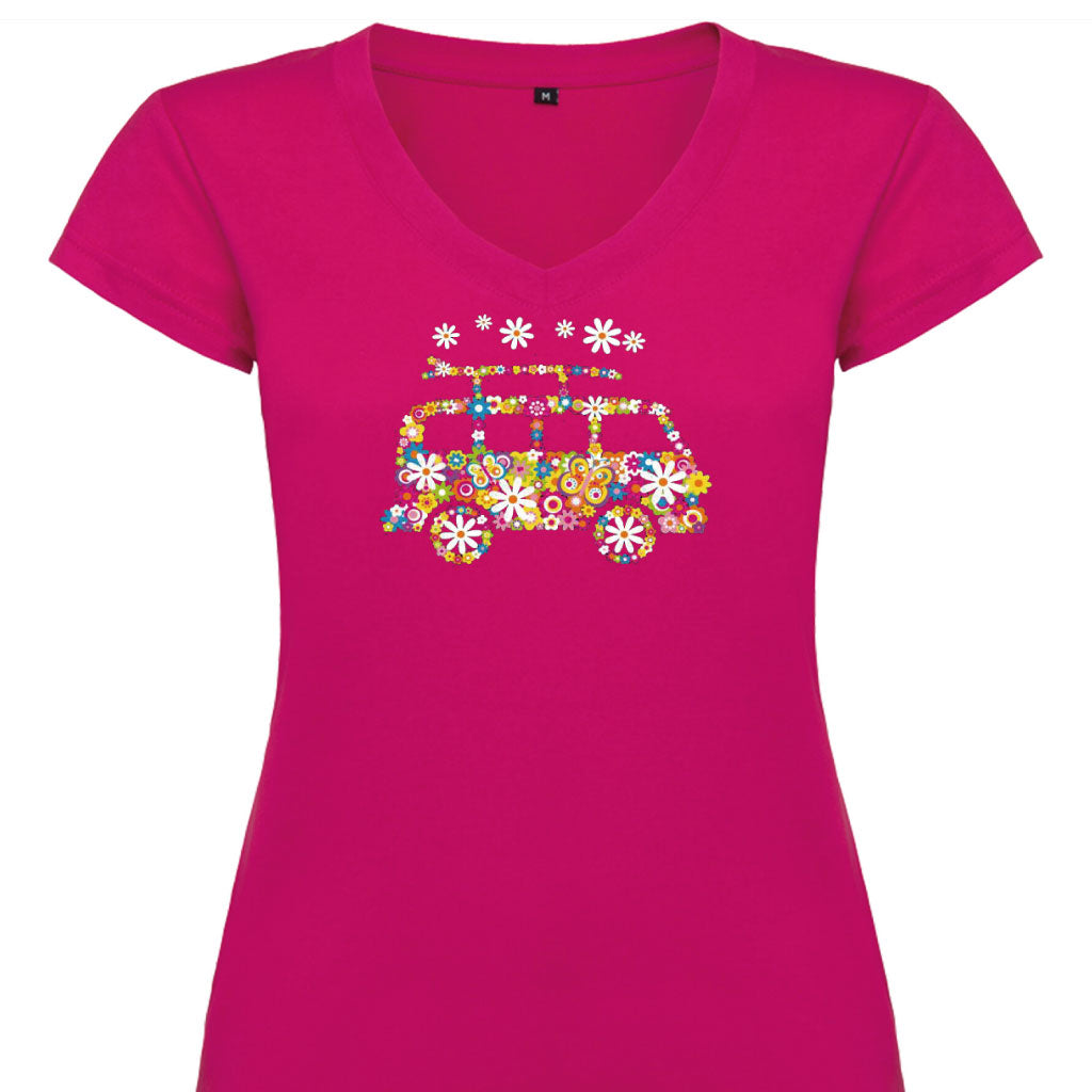 Camiseta mujer cuello pico - Furgoneta flores.
