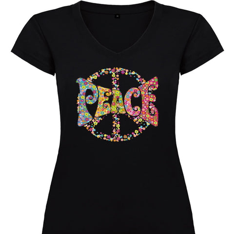 Camiseta mujer cuello pico - Peace flores.